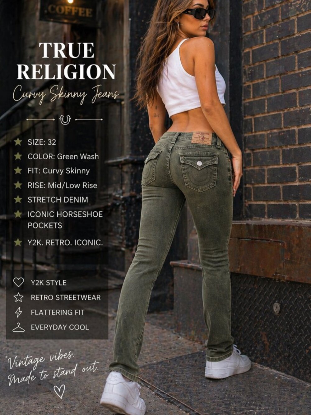 True Religion Curvy Skinny Jeans Womens 32 Green Stretch Low Rise Y2K Moto Denim - Picture 2 of 8